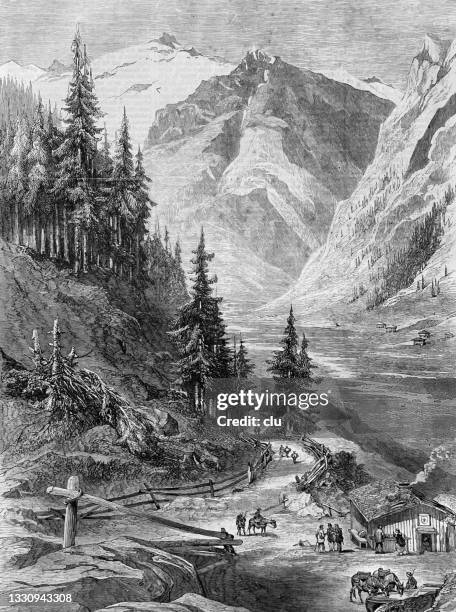 border between savoy and switzerland, high up in the mountain - savoie stock illustrations