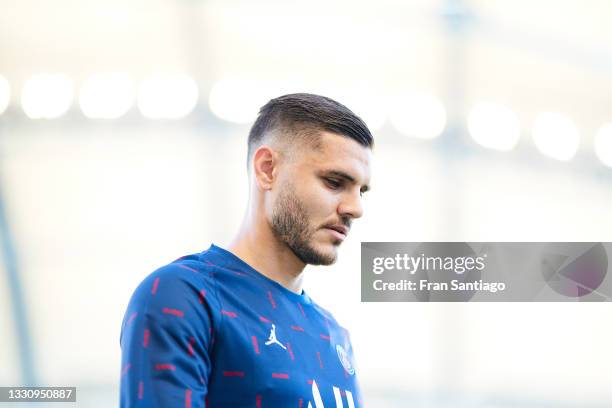 Mauro Icardi of Paris Saint Germain looks on during a Pre Season Friendly Match between Sevilla FC and Paris Saint-Germain at Estadio Algarve on July...