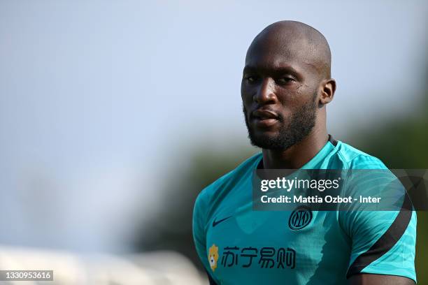 Romelu Lukaku of FC Internazionale looks on during the FC Internazionale training session at the club's training ground Suning Training Center at...