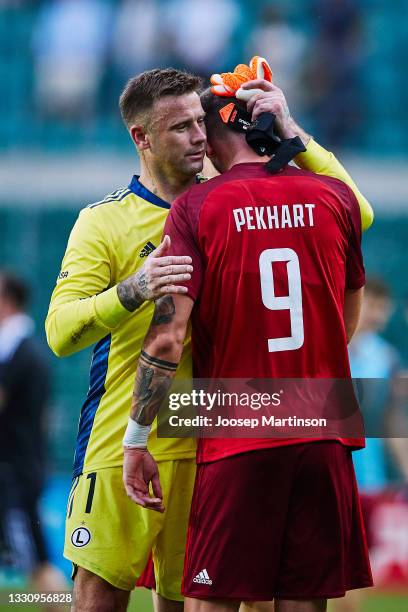 Artur Boruc of Legia Warszawa congratulates Tomas Pekhart of Legia Warszawa after the UEFA Champions League Second Qualifying Round Second Leg match...