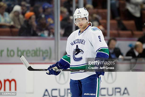 Cody Hodgson of the Vancouver Canucks looks on prior to the start of the game against the Anaheim Ducks at Honda Center on November 11, 2011 in...
