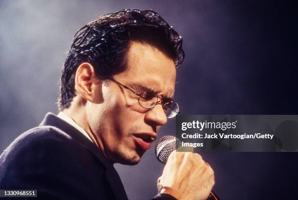 Puerto-Rican American Latin, Salsa, Tropical, and R&B singer Marc Anthony performs during his 'Off to Broadway' concert at Madison Square Garden, New...