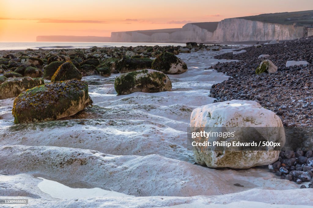 Scenic view of sea against sky during sunset,East Sussex,United Kingdom,UK
