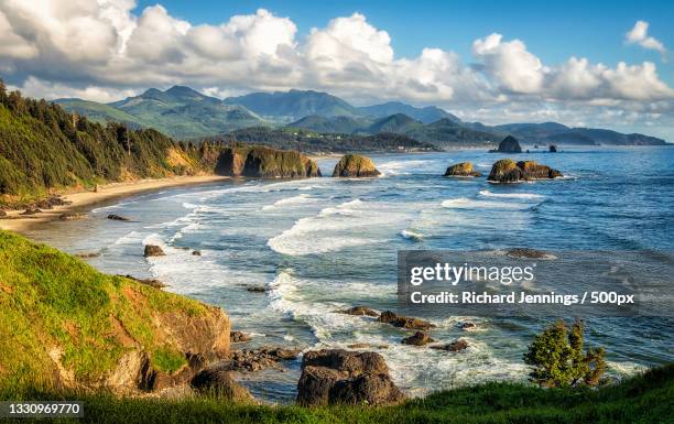 scenic view of sea against sky,cannon beach,oregon,united states,usa - côte de l'oregon photos et images de collection