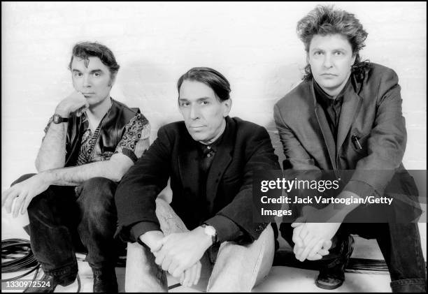 Portrait of, from left, musicians and composers David Byrne, John Cale, and Glenn Branca at Big Mike Productions , New York, New York, April 21,...