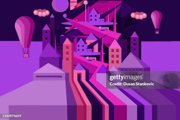 ilustraciones, imágenes clip art, dibujos animados e iconos de stock de hermosa ciudad púrpura moderna - personaje 3d