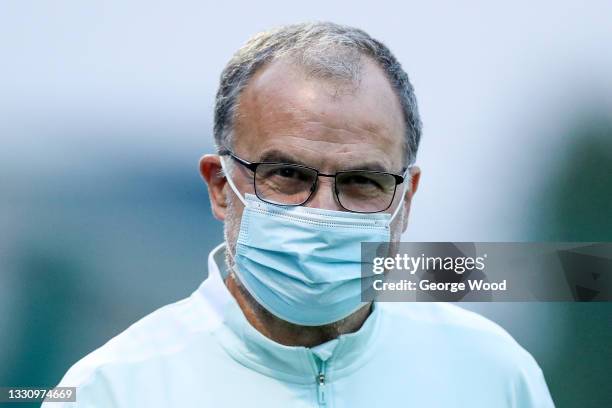 Marcelo Bielsa, Manager of Leeds United wears a face mask during the Pre-Season Friendly match between Guiseley and Leeds United at Nethermoor Park...