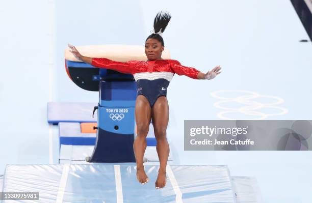 Simon Biles of USA fells before retiring from the event during the gymnastics artistic Women's Team Final on day four of the Tokyo 2020 Olympic Games...