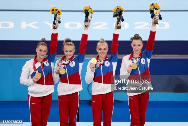 Gold Medalists from Team ROC - Liliia Akhaimova, Viktoriia Listunova, Angelina Melnikova, Vladislava Urazova - during the medal ceremony for the...