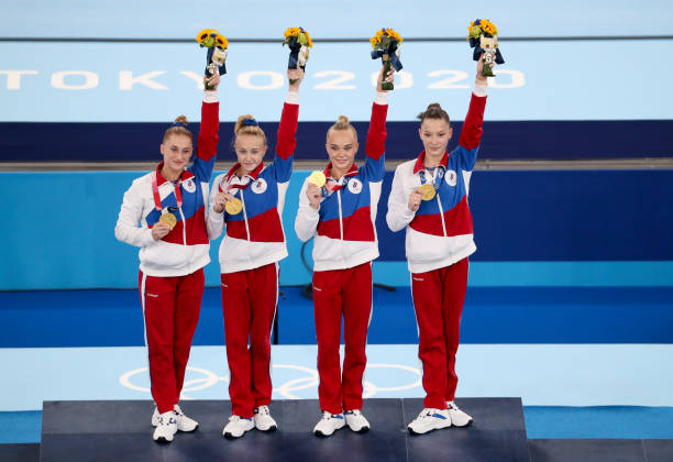 Gold Medalists from Team ROC - Liliia Akhaimova, Viktoriia Listunova, Angelina Melnikova, Vladislava Urazova - during the medal ceremony for the...