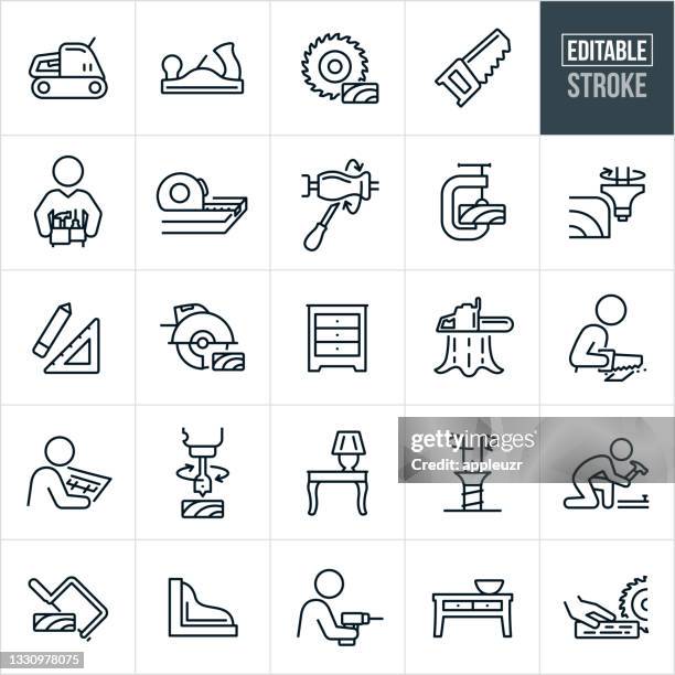 wood working thin line icons - editable stroke - wood stock illustrations