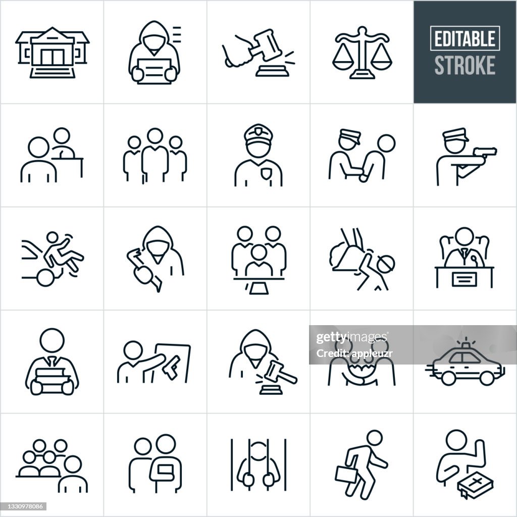 Law, Crime and Justice Thin Line Icons - Editable Stroke