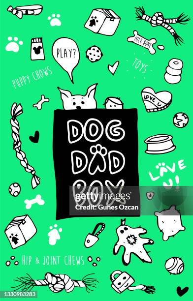 stockillustraties, clipart, cartoons en iconen met dog dad box label - puppy equipment gift box doodled sticker - hondenkoekje
