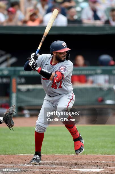 Rene Rivera of the Washington Nationals bats against the Baltimore Orioles at Oriole Park at Camden Yards on July 25, 2021 in Baltimore, Maryland.