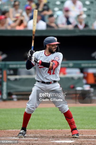 Rene Rivera of the Washington Nationals bats against the Baltimore Orioles at Oriole Park at Camden Yards on July 25, 2021 in Baltimore, Maryland.