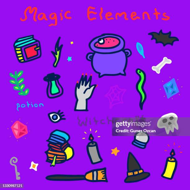 magic elements, witchcraft icons, halloween doodle background - serpentine stone stock illustrations