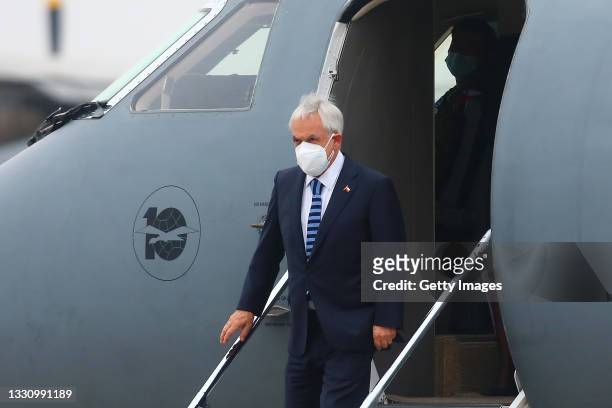 President of Chile Sebastian Piñera arrives at Base Aerea to attend Castillo's presidential inauguration on July 27, 2021 in Lima, Peru.