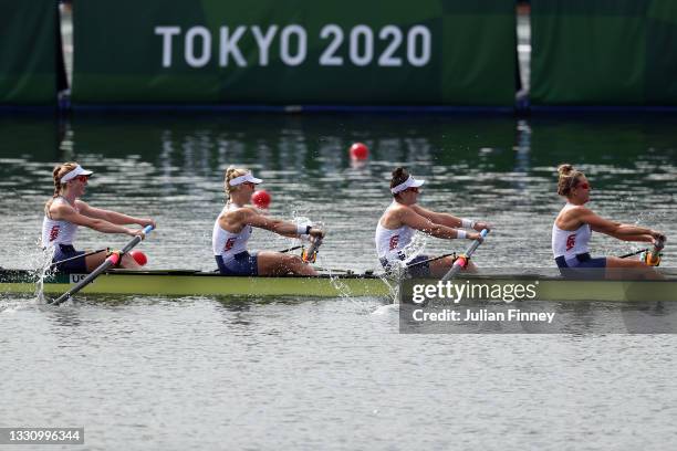 Madeleine Wanamaker, Claire Collins, Kendall Chase and Grace Luczak of Team United States compete during the Women's Four Final B on day five of the...
