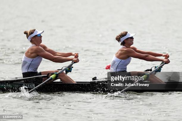 Brooke Donoghue and Hannah Osborne of Team New Zealand compete during the Women's Double Sculls Final A on day five of the Tokyo 2020 Olympic Games...