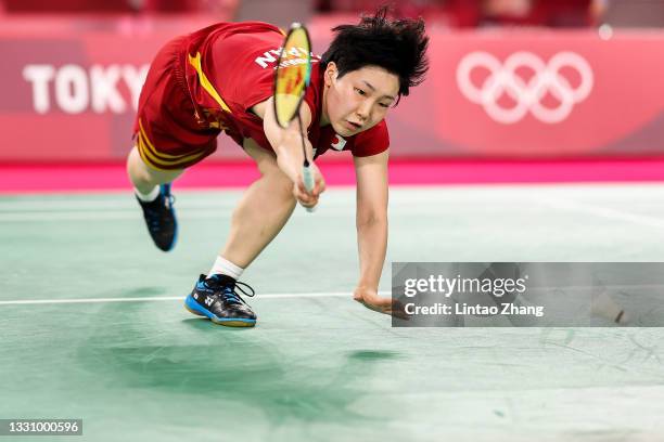 Akane Yamaguchi of Team Japan competes against Kirsty Gilmour of Team Great Britain during a Women’s Singles Group L match on day five of the Tokyo...