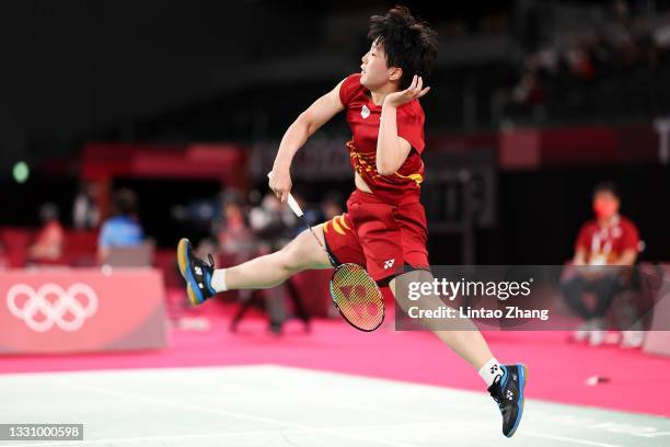 Akane Yamaguchi of Team Japan competes against Kirsty Gilmour of Team Great Britain during a Women’s Singles Group L match on day five of the Tokyo...