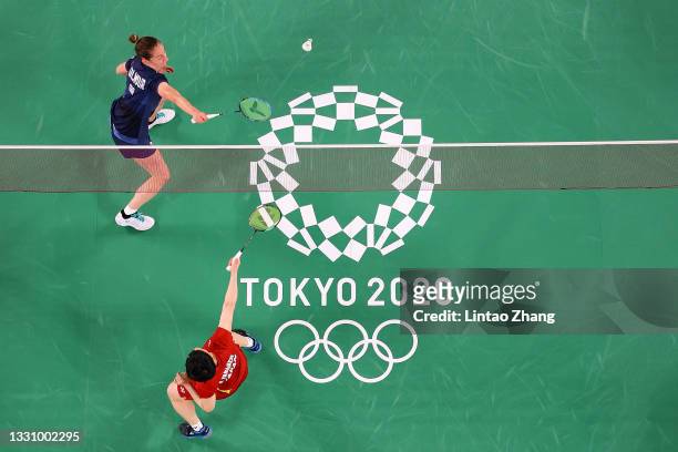 Kirsty Gilmour of Team Great Britain competes against Akane Yamaguchi of Team Japan during a Women’s Singles Group L match on day one of the Tokyo...