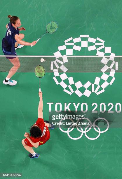 Kirsty Gilmour of Team Great Britain competes against Akane Yamaguchi of Team Japan during a Women’s Singles Group L match on day one of the Tokyo...