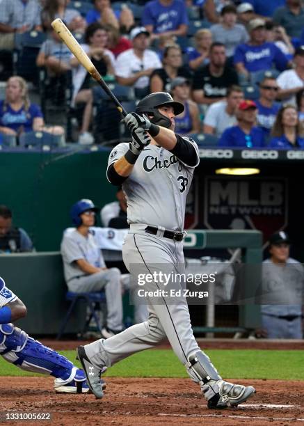 Gavin Sheets of the Chicago White Sox hits a home run in the fourth inning against the Kansas City Royals at Kauffman Stadium on July 27, 2021 in...