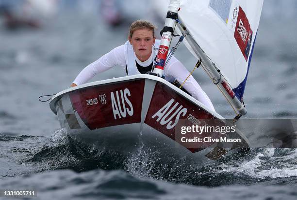 Mara Stransky of Team Australia competes in the Women's Laser Radial class on day four of the Tokyo 2020 Olympic Games at Enoshima Yacht Harbour on...