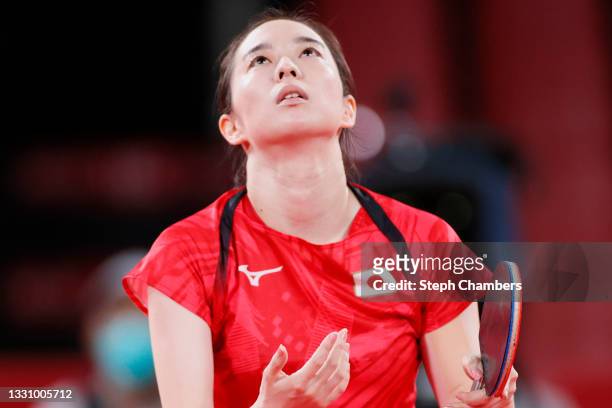 Kasumi Ishikawa of Team Japan reacts during her during her Women's Singles Quarterfinals table tennis match on day five of the Tokyo 2020 Olympic...