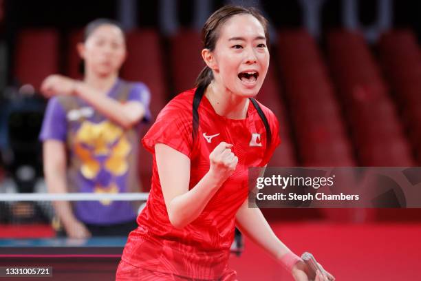 Kasumi Ishikawa of Team Japan reacts during her during her Women's Singles Quarterfinals table tennis match on day five of the Tokyo 2020 Olympic...