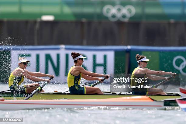 Lucy Stephan, Rosemary Popa and Jessica Morrison of Team Australia compete during the Women's Four Final A on day five of the Tokyo 2020 Olympic...