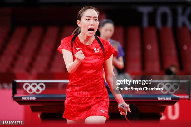 Kasumi Ishikawa of Team Japan reacts during her during her Women's Singles Quarterfinals table tennis match on day five of the Tokyo 2020 Olympic...