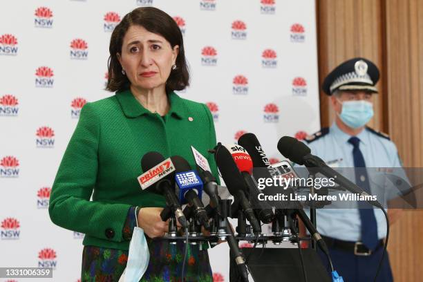 Premier Gladys Berejiklian speaks during a COVID-19 update and press conference on July 28, 2021 in Sydney, Australia. Lockdown restrictions for...