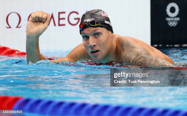 Caeleb Dressel of Team United States reacts after competing in the Men's 100m Freestyle Semifinal on day five of the Tokyo 2020 Olympic Games at...