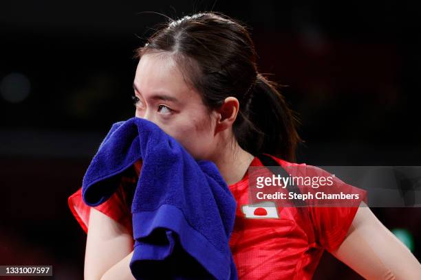 Kasumi Ishikawa of Team Japan reacts during her Women's Singles Quarterfinals table tennis match on day five of the Tokyo 2020 Olympic Games at Tokyo...