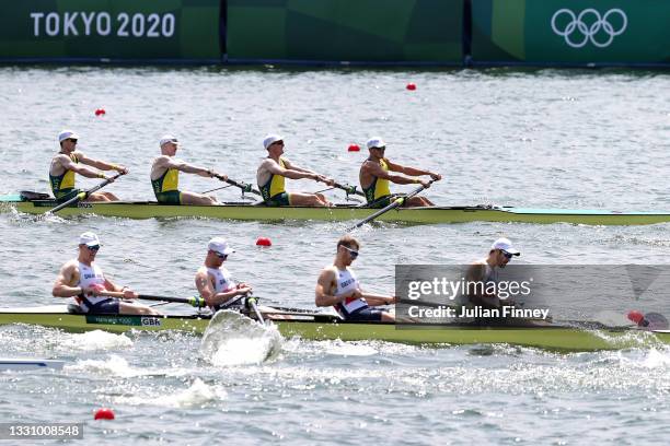 Alexander Purnell, Spencer Turrin, Jack Hargreaves and Alexander Hill of Team Australia compete against Oliver Cook, Matthew Rossiter, Rory Gibbs and...