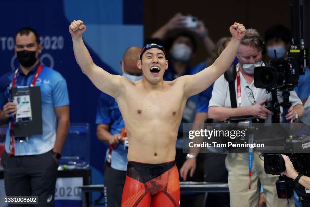 Tomoru Honda of Team Japan reacts after competing in the Men's 200m Butterfly Final on day five of the Tokyo 2020 Olympic Games at Tokyo Aquatics...