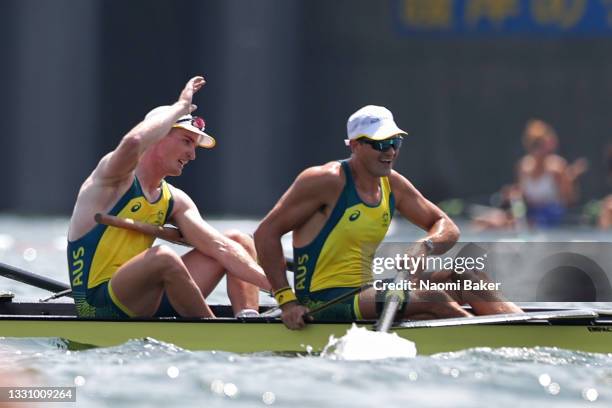 Jack Hargreaves and Alexander Hill of Team Australia celebrate winning the gold medal during the Men's Four Final A on day five of the Tokyo 2020...