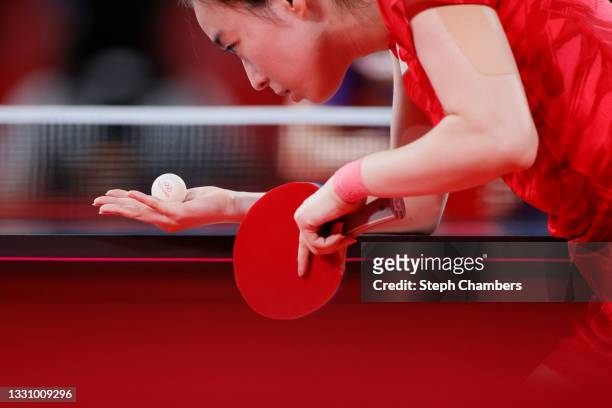 Kasumi Ishikawa of Team Japan serves the ball during her Women's Singles Quarterfinals table tennis match on day five of the Tokyo 2020 Olympic Games...