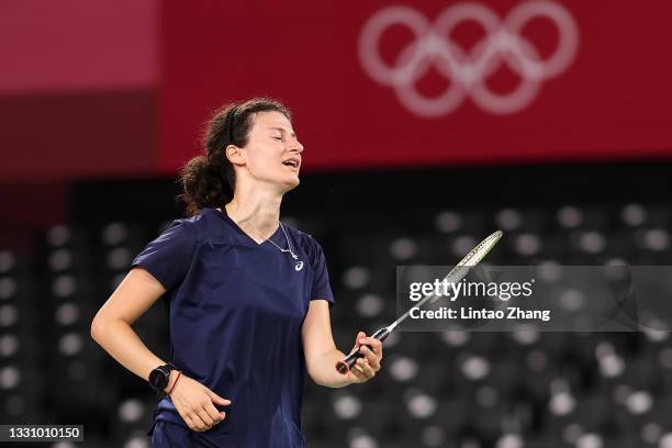 Linda Zetchiri of Team Bulgaria competes against Mia Blichfeldt of Team Denmark during a Women’s Singles Group I match on day five of the Tokyo 2020...