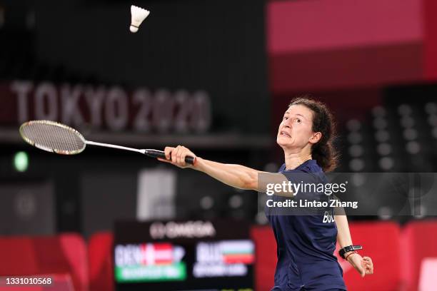 Linda Zetchiri of Team Bulgaria competes against Mia Blichfeldt of Team Denmark during a Women’s Singles Group I match on day five of the Tokyo 2020...