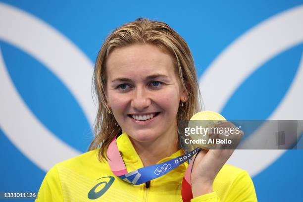 Ariarne Titmus of Team Australia poses with the gold medal for the Women's 200m Freestyle Final on day five of the Tokyo 2020 Olympic Games at Tokyo...