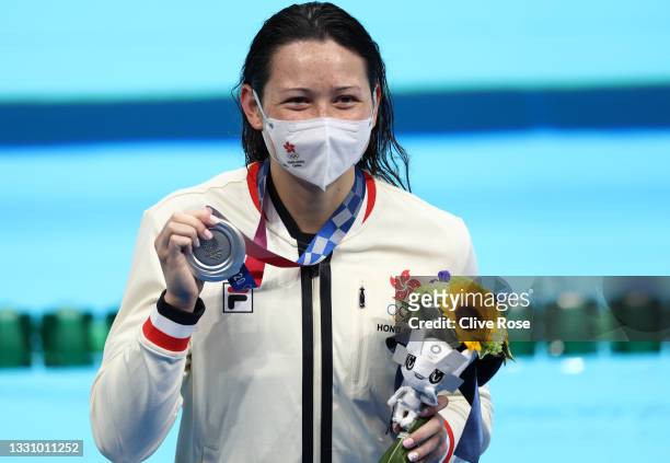 Siobhan Bernadette Haughey of Team Hong Kong poses with the silver medal in the Women's 200m Freestyle Final on day five of the Tokyo 2020 Olympic...