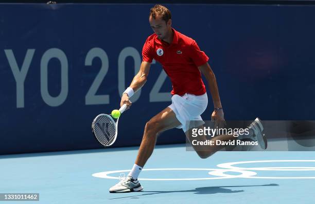 Daniil Medvedev of Team ROC plays a forehand during his Men's Singles Third Round match against Fabio Fognini of Team Italy on day five of the Tokyo...