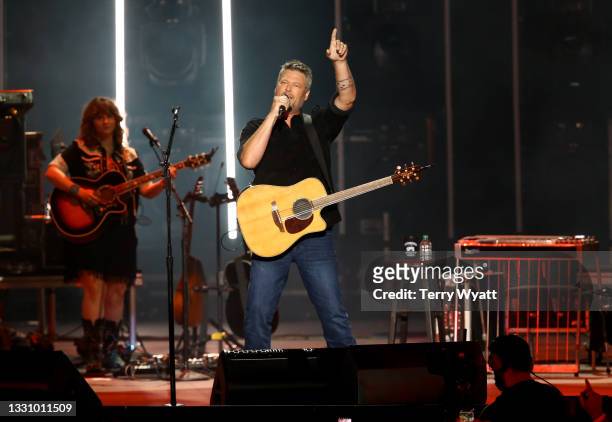 Blake Shelton performs during the CMA Summer Jam at Ascend Amphitheater on July 27, 2021 in Nashville, Tennessee. CMA Summer Jam will air on ABC on...