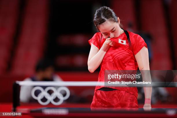 Kasumi Ishikawa of Team Japan reacts during her Women's Singles Quarterfinals table tennis match on day five of the Tokyo 2020 Olympic Games at Tokyo...