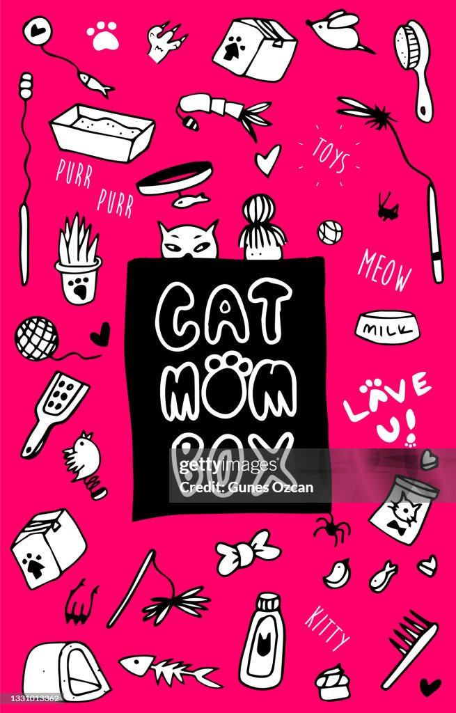 Cat Mom Box Label - Kitty Equipment Gift Box Doodled Sticker