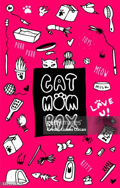 cat mom box label - kitty equipment gift box doodled sticker - cat in box stock illustrations