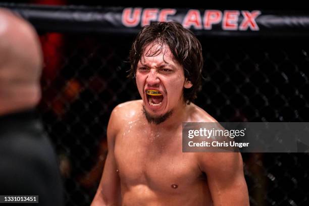 Ricky Turcios yells between rounds of his bantamweight bout against Liudvik Sholinian during the filming of The Return of The Ultimate Fighter at UFC...